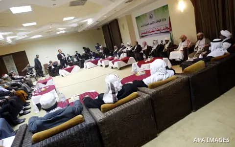 Palestinian Minister of Religious Affairs in Gaza strip Ismail Radwan meets with the members of delegation of Association of Muslim Scholars in Gaza city, Dec 04, 2012. The delegation is expected to meet with war victims...