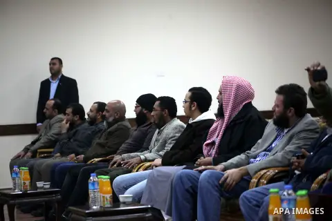 Palestinian Prime Minister in Gaza Strip, Ismail Haniyeh meets with delegation headed by Shaykh al-Mujahideen Sheikh Hafez Salama, in Gaza city on Dec. 05, 2012. Photo by Ashraf Amra