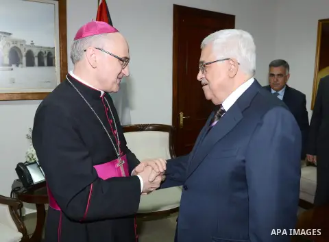 Palestinian President Mahmoud Abbas meets with the Apostolic Nuncio in the West Bank city of Ramallah, 05 December 2012. Photo by Thaer Ganaim