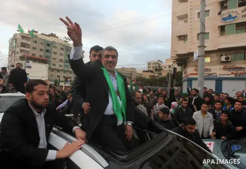 Hamas leader Ezat Al-Reshq takes part in a Hamas rally marking the 25th anniversary of the Islamist movement's founding in Gaza City on December 8, 2012. Meshaal arrived to Gaza strip on December 7 during his first-ever...