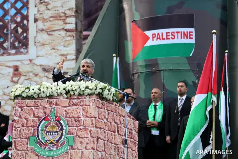 Hamas chief Khaled Meshaal speaks during a Hamas rally marking the 25th anniversary of the Islamist movement's founding in Gaza City on December 8, 2012. Meshaal arrived to Gaza strip on December 7 during his first-ever...