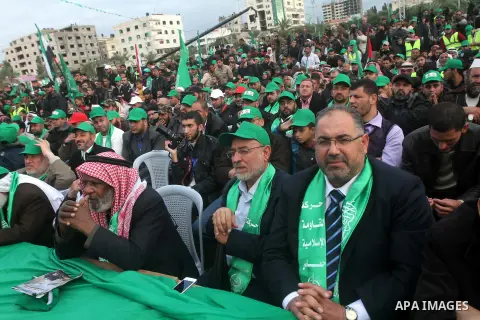 Palestinian Hamas leaders attend a Hamas rally marking the 25th anniversary of the Islamist movement's founding in Gaza City on December 8, 2012. Hamas chief Khaled Meshaal arrived to Gaza strip on December 7 during his...
