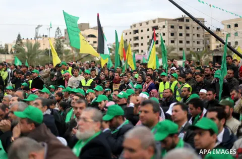 Palestinian Hamas supporters attend a Hamas rally marking the 25th anniversary of the Islamist movement's founding in Gaza City on December 8, 2012. Hamas chief Khaled Meshaal arrived to Gaza strip on December 7 during h...
