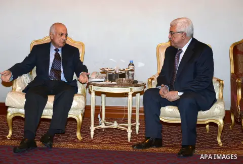 Palestinian President Mahmoud Abbas (Abu Mazen), meets with Secretary General of the League of Arab States Nabil Elaraby in Doha, on Nov. 08, 2012 . Photo by Thaer Ganaim