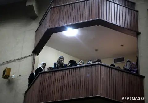 Palestinian students attend during visit Hamas chief in exile Khaled Meshaal to the Islamic University in Gaza City on December 9, 2012. Meshaal rejected ceding "an inch" of Palestinian territory to Israel or recognising...