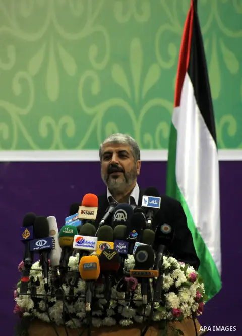 Hamas chief in exile Khaled Meshaal,speaks during a visit to the Islamic University in Gaza City on December 9, 2012. Meshaal rejected ceding "an inch" of Palestinian territory to Israel or recognising the Jewish state,...