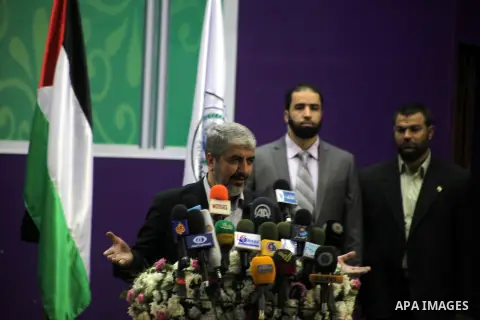 Hamas chief in exile Khaled Meshaal,speaks during a visit to the Islamic University in Gaza City on December 9, 2012. Meshaal rejected ceding "an inch" of Palestinian territory to Israel or recognising the Jewish state,...