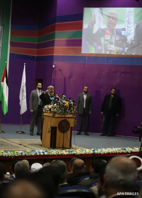 Hamas chief in exile Khaled Meshaal,speaks during a visit to the Islamic University in Gaza City on December 9, 2012. Meshaal rejected ceding "an inch" of Palestinian territory to Israel or recognising the Jewish state,...