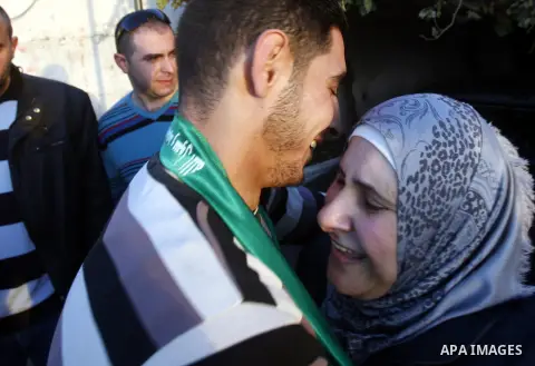 Palestinians celebrate after the Israeli authorities released prisoner Obaida al-Tawil in neighborhood of Bab al- Amood in Jerusalem on December 9, 2012. Al-Tawil spent 2 years in prison before the Israeli authorities re...