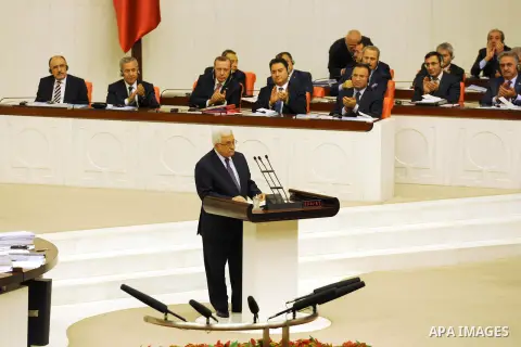 Palestinian President Mahmoud Abbas during a speech in the Turkish Parliament in Turkey on December 10, 2012. Photo by Thaer Ganaim