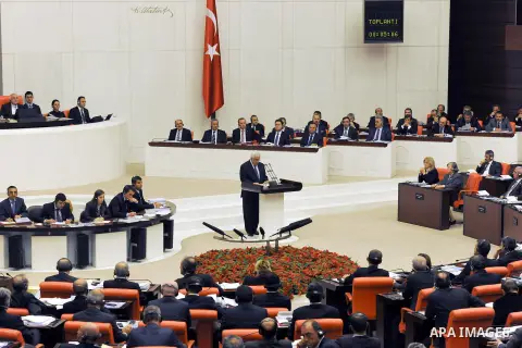 Palestinian President Mahmoud Abbas during a speech in the Turkish Parliament in Turkey on December 10, 2012. Photo by Thaer Ganaim