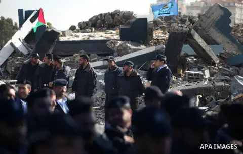 Members of the Palestinian police in Gaza participate in a ceremony honoring the killed and wounded of the Palestinian police in Gaza City, on Dec. 11, 2012. Photo by Majdi Fathi