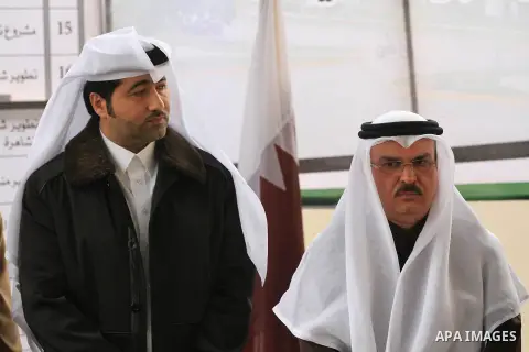 Palestinian Prime Minister Ismail Haniyeh and Qatari ambassador Mohammed al-Imadi visit bombed area during the launching ceremony of Qatari grant projects in Gaza city on 13 Dec, 2012. The emir of Qatar Sheikh Hamad bin...