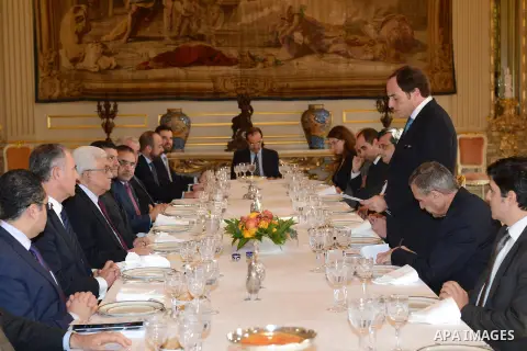 Palestinian President Mahmoud Abbas meets with Portugal's Foreign Minister Paulo Portas (L) at the Necessidades Palace in Lisbon December 13, 2012. Photo by Thaer Ganaim