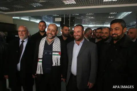 Hamas leader Mousa Abu Marzouk, upon his departure from the Gaza Strip through the Rafah border crossing with Egypt on December 14, 2012. Marzouq arrived to Gaza strip on December 7 during a visit to the Gaza Strip to ma...