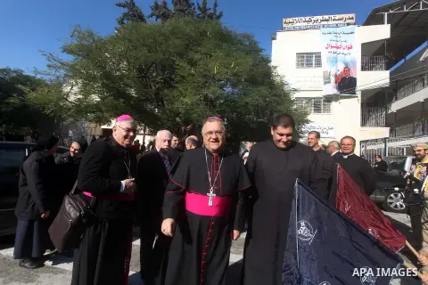 Latin Patriarch of Jerusalem Fouad Twal arrives at Deir al-Latin Church in Gaza City, Dec. 16, 2012. Twal arrived in Gaza on Sunday to attend a celebration with Palestinians ahead of Christmas. Photo by Ashraf Amra