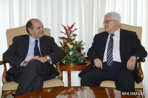 Palestinian President Mahmoud Abbas meets with General secretary of the Italian Democratic Party (PD) Pier Luigi Bersani during an official visit to Italy on 17 December 2012. Photo by Thaer Ganaim