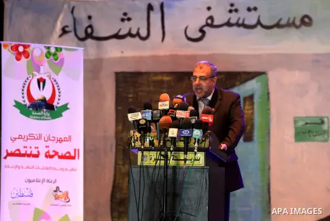Palestinian Minister of Health in Gaza strip Mofeed al-mokhalalati speaks during a ceremony to honor medics and doctors who work during the eight days of Israeli air strikes on Gaza strip in Gaza city on 19 December 2012...