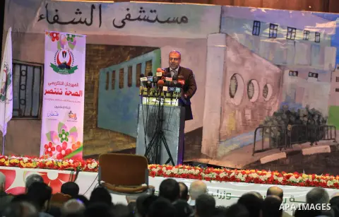 Palestinian Minister of Health in Gaza strip Mofeed al-mokhalalati speaks during a ceremony to honor medics and doctors who work during the eight days of Israeli air strikes on Gaza strip in Gaza city on 19 December 2012...