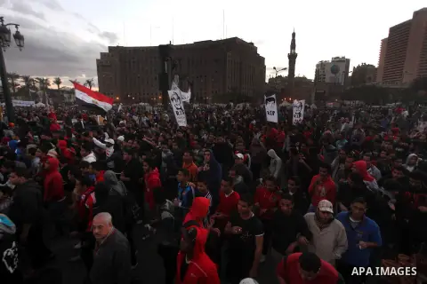 Egyptian protesters gather for a demonstration at Tahrir square in Cairo, Egypt, Friday, Dec. 21, 2012. Running clashes between rival protesters erupted in Egypt's second city Alexandria, on the eve of the final round of...