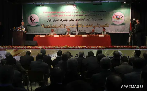 Palestinian Prime Minister in Gaza strip Ismail Haniyeh speaks during the Ministry of Education's first conference "excellence in Palestinian education" in Gaza city on 25 December 2012. Photo by Majdi Fathi