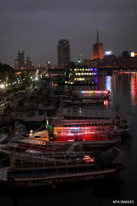 Boats parked waiting for customers on the Nile river, in Cairo, Egypt, Dec. 25, 2012. Boat rides for many Egyptians are part of the nightlife culture. Photo by Ashraf Amra
