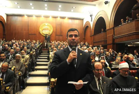 Members of the Egyptian Shura Council (Upper house of the parliament), attend the first meeting after approving the new constitution, in Cairo, Egypt, 26 December 2012. According to the new constitution, the Islamist-dom...