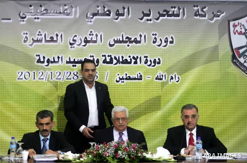 Palestinian President Mahmoud Abbas, attends a meeting of his Fatah Party, at his headquarter in the West Bank city of Ramallah, 26 December 2012. Photo by Issam Rimawi