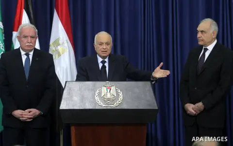 Arab League Secretary-General Nabil Elaraby, talks to the media after he met with Palestinian Authority President Mahmoud Abbas, in the West Bank city of Ramallah, 29 December 2012. Photo by Issam Rimawi