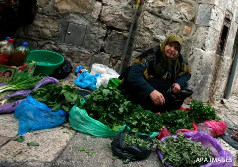 A Palestinian woman sells Vegetables at the market in Jerusalem's old city on December 29, 2012. . Photo by Mahfouz Abu Turk