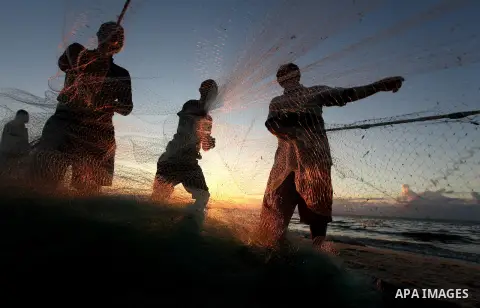 Palestinian fishers prepare to throw their trawl in the sea during sunset on the beach of Gaza city,on December 29, 2012. Photo by Majdi Fathi