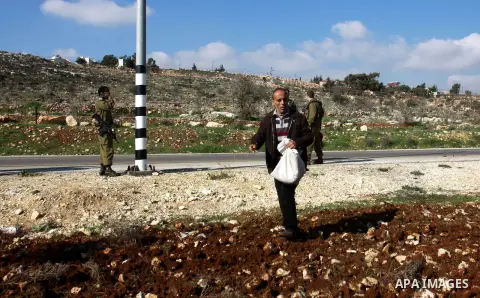 A Palestinian land owner sows wheat at his land near the Jewish settlement of Ariel near the West Bank city of Nablus on December 30, 2012. Jewish settlers attacked Palestinian farmers in the village of Yasuf and shredde...