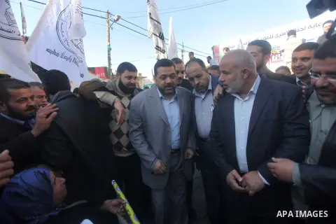 Hamas representative in Lebanon Osama Hamdan participate in a protest calling for the release of Palestinian prisoners from Israeli jails in front of the Red cross office in Gaza city, Jan. 21, 2013. Photo by Ashraf Amra