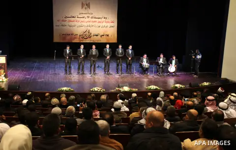 Palestinian President Mahmoud Abbas attends a ceremony commemorating the birth of Prophet Mohammed, known in Arabic as "Mawlid al-Nabawi", in the West Bank city of Ramallah on January 24, 2013. Photo by Issam Rimawi