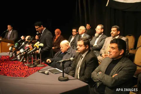 Members of the Egyptian political parties participate a press conference in Cairo, on Feb. 09, 2013. Several Islamist and political figures have announced the establishment of a ?Conscience Front?, a new coalition aiming...