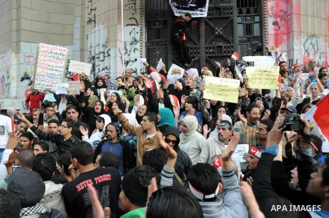 Egyptian protestors shout slogans against Egypt's President and attorney General's during an anti-government demonstration in front of attorney General's Office on February 22, 2013. On almost every Friday -- the first d...