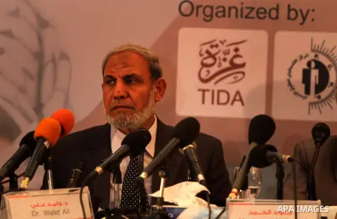 Hamas leader Mahmoud al-Zahar, participates press conference under the title "War on Gaza consequences and future prospects", in Gaza city, on Feb. 23, 2013. Photo by Ashraf Amra