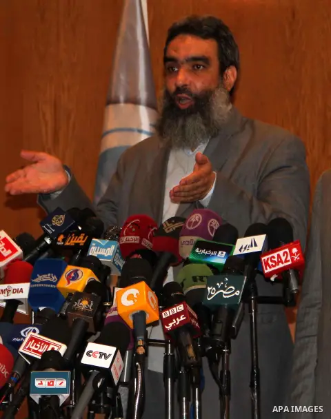 Egyptian Salafi members of al-Nour party attend a press conference to announce the participation of the next parliamentary election to the People's Assembly, in Cairo on February 25, 2013. Photo by Tarek al-Gabas