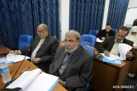 Members of the Palestinian Legislative council attend a a press conference to discuss issue the death of the Palestinian prisoner in an Israeli jail, in Gaza city on Feb. 28, 2013. Photo by Ashraf Amra