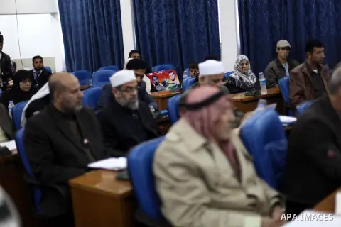 Members of the Palestinian Legislative council attend a a press conference to discuss issue the death of the Palestinian prisoner in an Israeli jail, in Gaza city on Feb. 28, 2013. Photo by Ashraf Amra