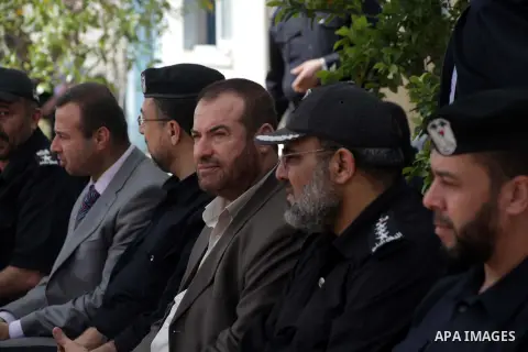 Palestinian Interior Minister in Gaza Strip, Fathi Hammad, attends a drill at a scene simulating a fire at a site struck by an Israeli air strike, in Beit Lahiya, in the northern Gaza Strip March 14, 2013. Photo by Ashra...