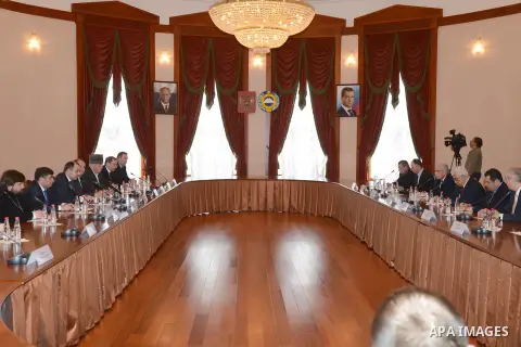 Palestinian President Mahmoud Abbas (Abu Mazen) meets with President of the Republic of Karachay, Rashid Timerezov in Russia, on March 16, 2013 . Photo by Thaer Ganaim