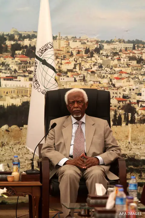 Former Sudanese president Abdel Rahman Swar Al Dahab after his arrival in Gaza City on May 9, 2013. Al-Qaradawi arrived on May 8, 2013 for his first visit to Gaza Strip with a delegation of Muslim scholars. Photo by Ashr...