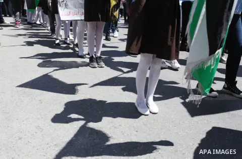 Palestinian girls take part in a rally marking the Nakba or the "Day of Catastrophe" commemorations in the West Bank city of Ramallah, on May 15, 2013. Palestinians commemorate the "Nakba," when hundreds of thousands fle...