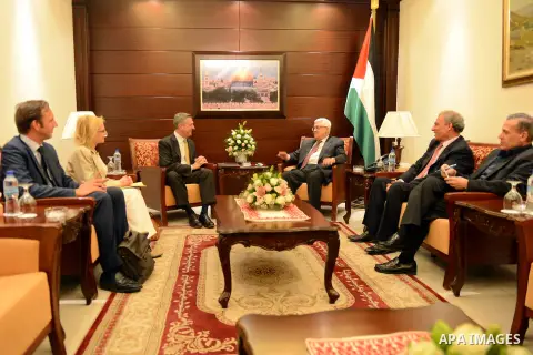 Palestinian President Mahmoud Abbas (Abu Mazen) meets with Commissioner General and the UN Relief and Works Agency for Palestine Refugees 'UNRWA' Filippo Grandi in the West Bak city of Ramallah, on June 23, 2013. Photo b...
