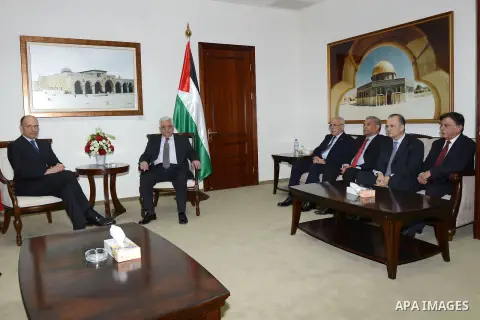 Palestinian President Mahmoud Abbas meets with Italian Prime Minister, Enrico Letta upon his arrival to the West Bank city of Ramallah on July 02, 2013. Photo by Thaer Ganaim