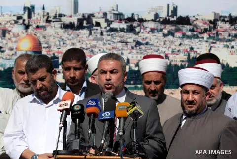 Palestinian Minister of Awqaf and Religious Affairs, Ismail Radwan, speaks during in a Press conference, in Gaza City, on Sep. 25, 2013, amid recent tensions among Palestinians regarding Israel's admittance of visitors t...