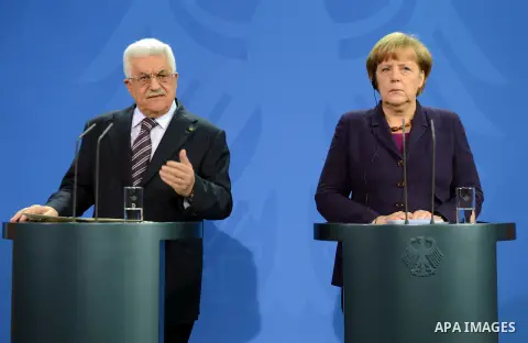 Germany Chancellor Angela Merkel receives President of the State of Palestine Mahmoud Abbas in the Federal Chancellery in Berlin for bilateral meeting and Middle East peace process, on October 18, 2013. Photo by Thaer Ga...
