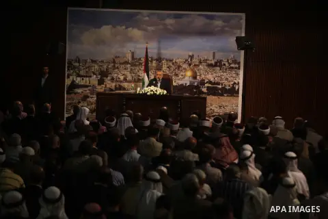 Palestinian prime minister in Gaza strip, Ismail Haniyeh, speaks during a press conference in Gaza city, on Oct. 19, 2013. Ismail Haniyeh, delivered an important speech to Gaza citizens saying that the prisoner exchange...