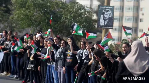 Palestinian protesters hold placards and flags during a demonstration in solidarity with Palestinian prisoners in Israeli jails, in the West Bank City of Ramallah, November 13, 2013. A human rights report said on Tuesday...
